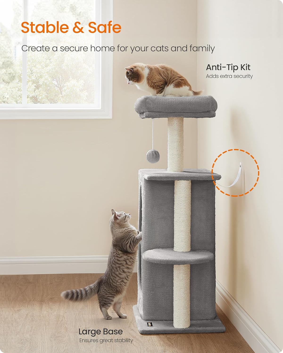 Feandrea Cat Tree Tower with 2 Caves for Multi-Cat Households, Kittens, Scratching Posts, Light Gray UPCT005G01