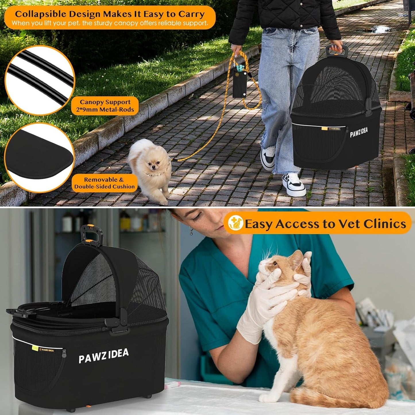 PAWZIDEA Pet Stroller 4 in 1, Dog Strollers for Small/Medium Dogs/Cats with Detachable Carrier NO-Zip Canopy, Seatbelt Puppy Car Seat Combo, Foldable & Lightweight Jogger Cat Strollers, Storage Basket