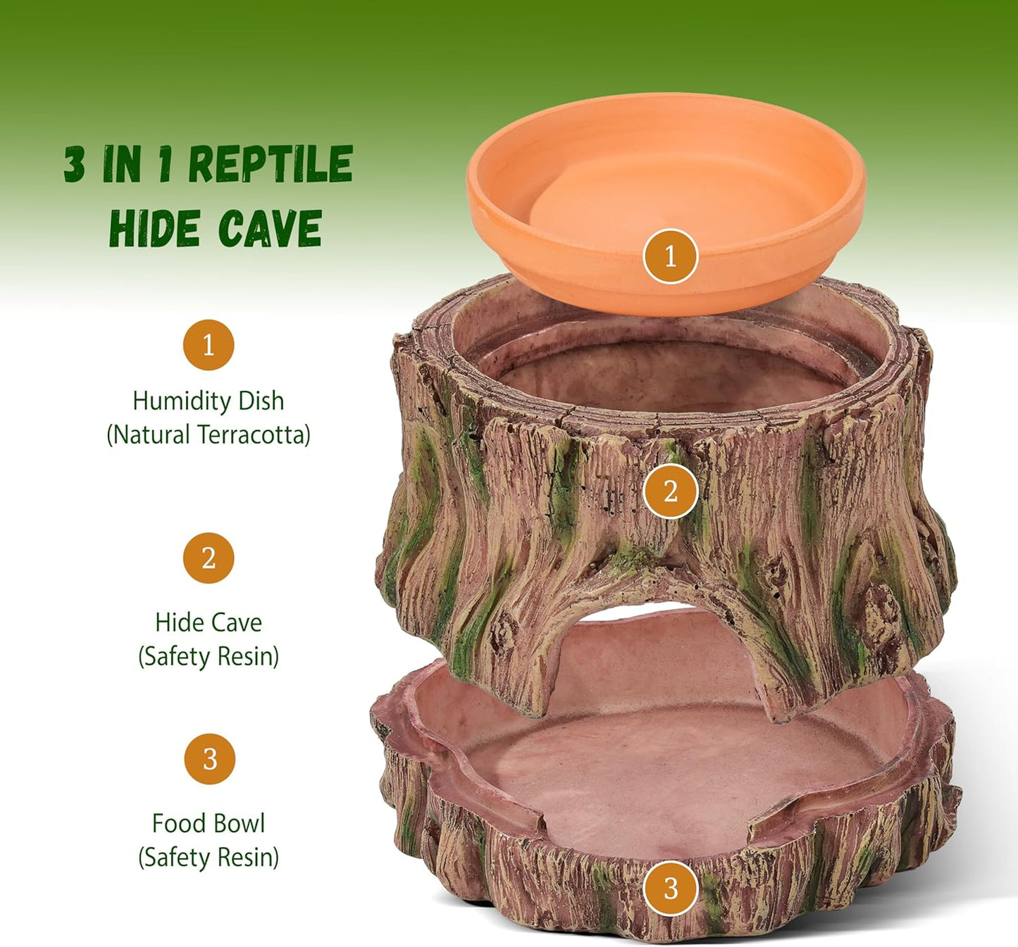 3 in 1 Reptile Hide Cave,Lizard Humid Hideout with Detachable Base and Clay Water Dish,Essential Reptile Terrarium Tank Accessories Decor for Leopard Geckos, Crested Geckos, Snakes, Crabs