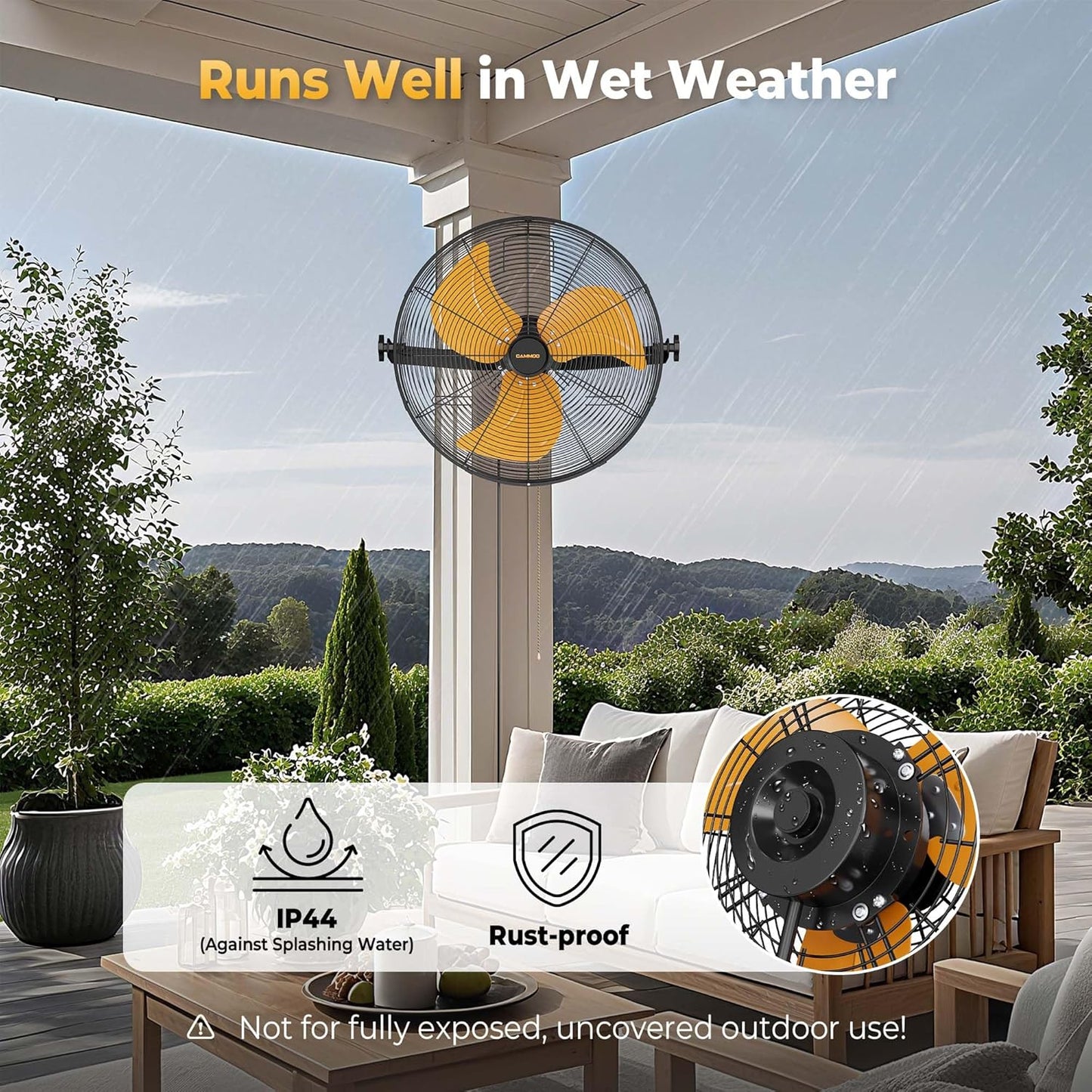 18 Inch Wall Mount Fan, Extended 6.6ft Power Cord, 360° Tilt Adjustment, 3-Speed, IP44 Industrial Commercial Wall Mounted Fan for Greenhouse, Garage, Workshop, Covered Patio, 2 Packs