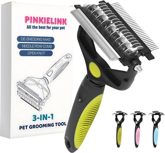 3-IN-1 Pet Grooming Tool - Undercoat Rake, Dematting Comb & Deshedding Brush for Cats & Dogs - Removes Mats, Tangles & Loose Fur, Reduces Shedding & Prevents Hair Mess (Green)