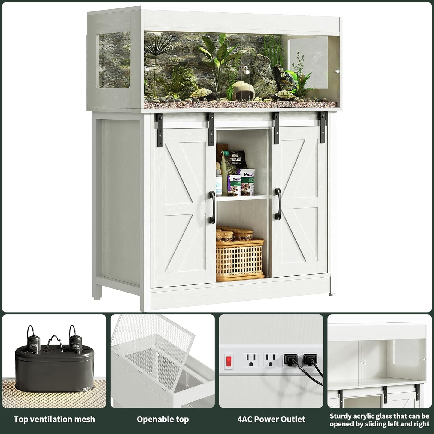 40 Gallon Reptile Terrarium with Stand, Reptile Tank with Barn Door and Storage, Vivarium with Acrylic Doors, Ventilated Mesh Top & Power Outlet, for Geckos, Lizards, Snakes White PX06RTW