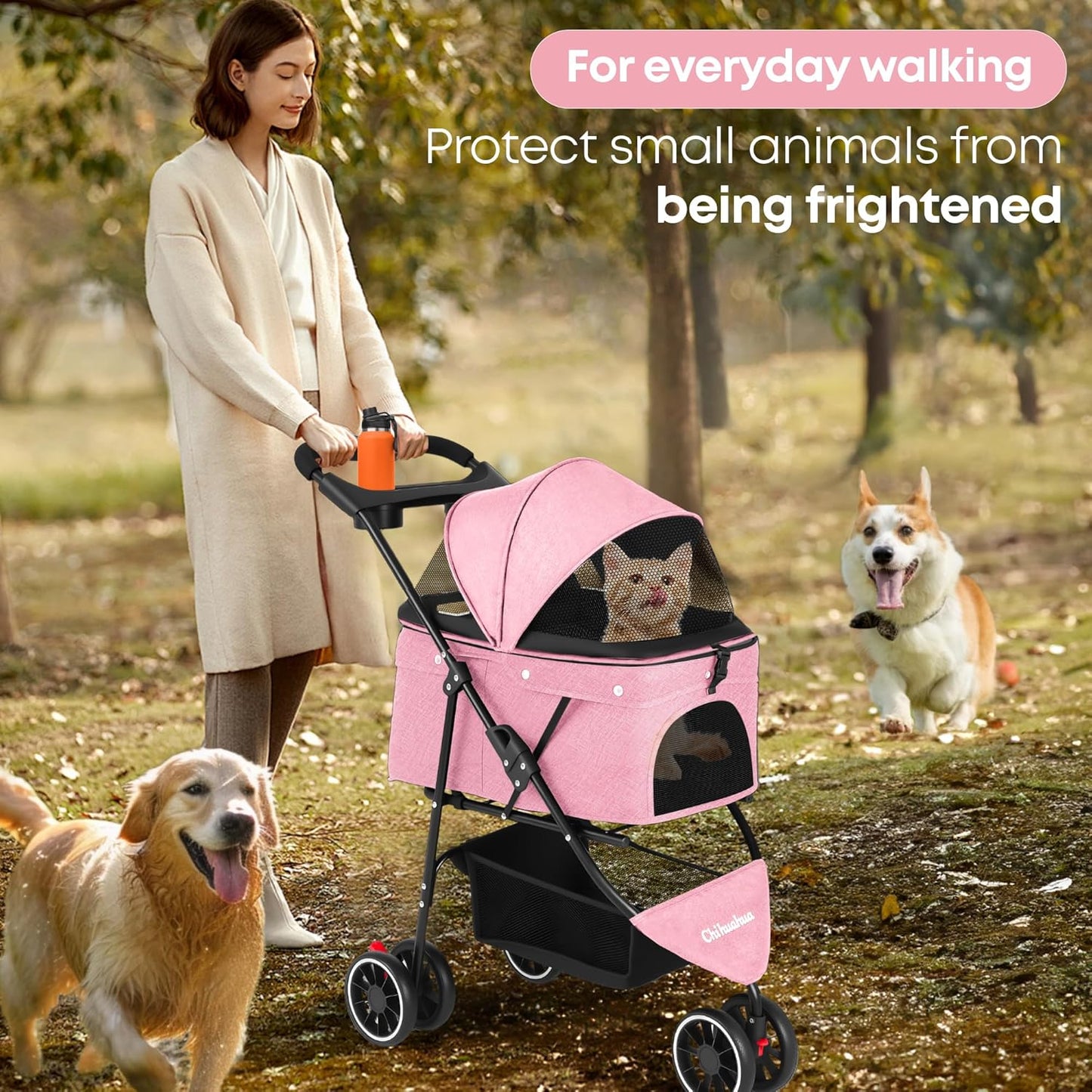 Pet Stroller,Dog Stroller for Small Medium Dogs Cats,3 Wheels,Foldable,with Breathable Mesh Canopy,Cup Holders,Easy Assembly,Pink