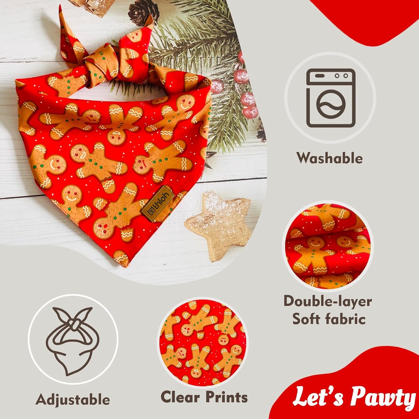 Christmas Dog Bandanas - 2 Pack Reversible Gingerbread Man Dog Scarf for Boy & Girl, Premium Durable Fabric, Festival Dog Bib, Holiday Bandana for Large & Extra Large Dogs (X-Large)