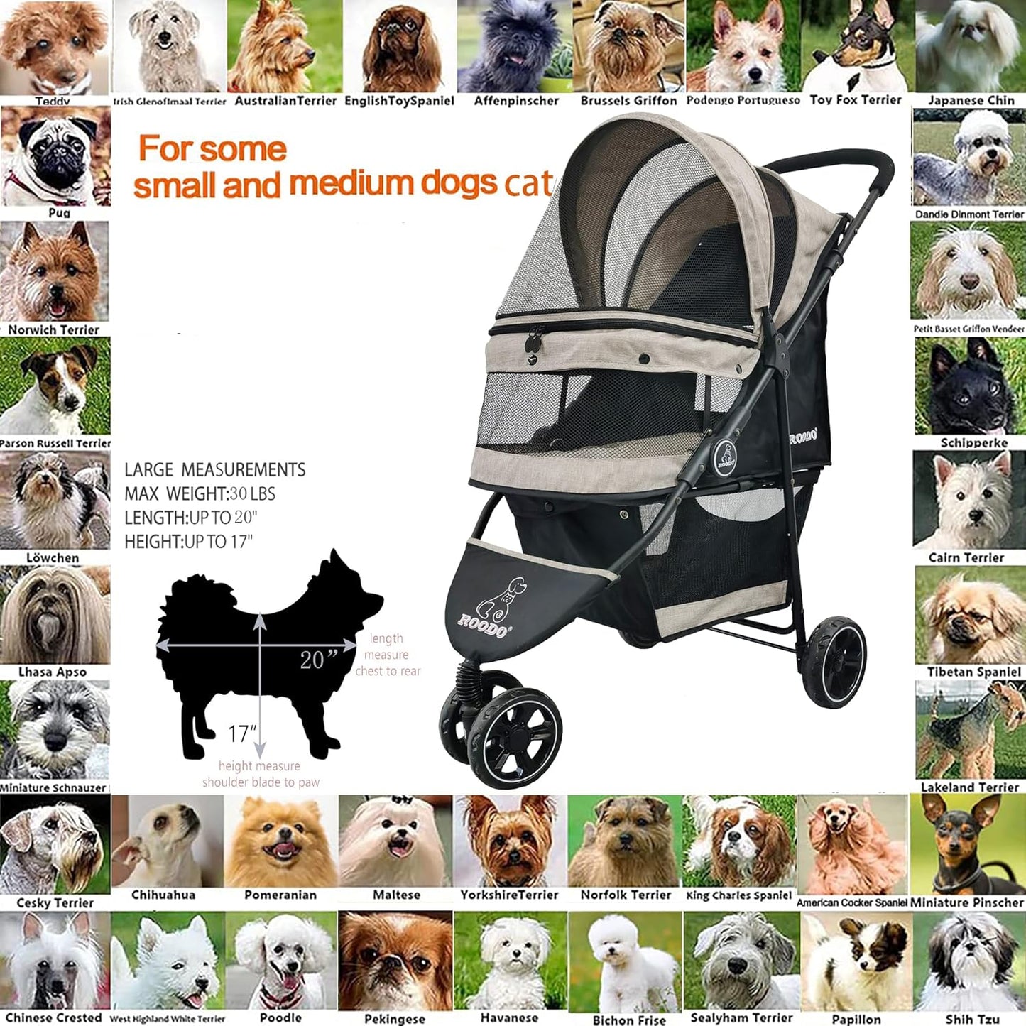 ROODO 3 Wheel Dog Pet Cat Stroller Best Lightweight Foldable Compact Portable Jogger All Terrain Travel Pet Gear Puppy Kitty Stroller for up to 30lbs Medium Small Dogs and Cats(Light Khaki)