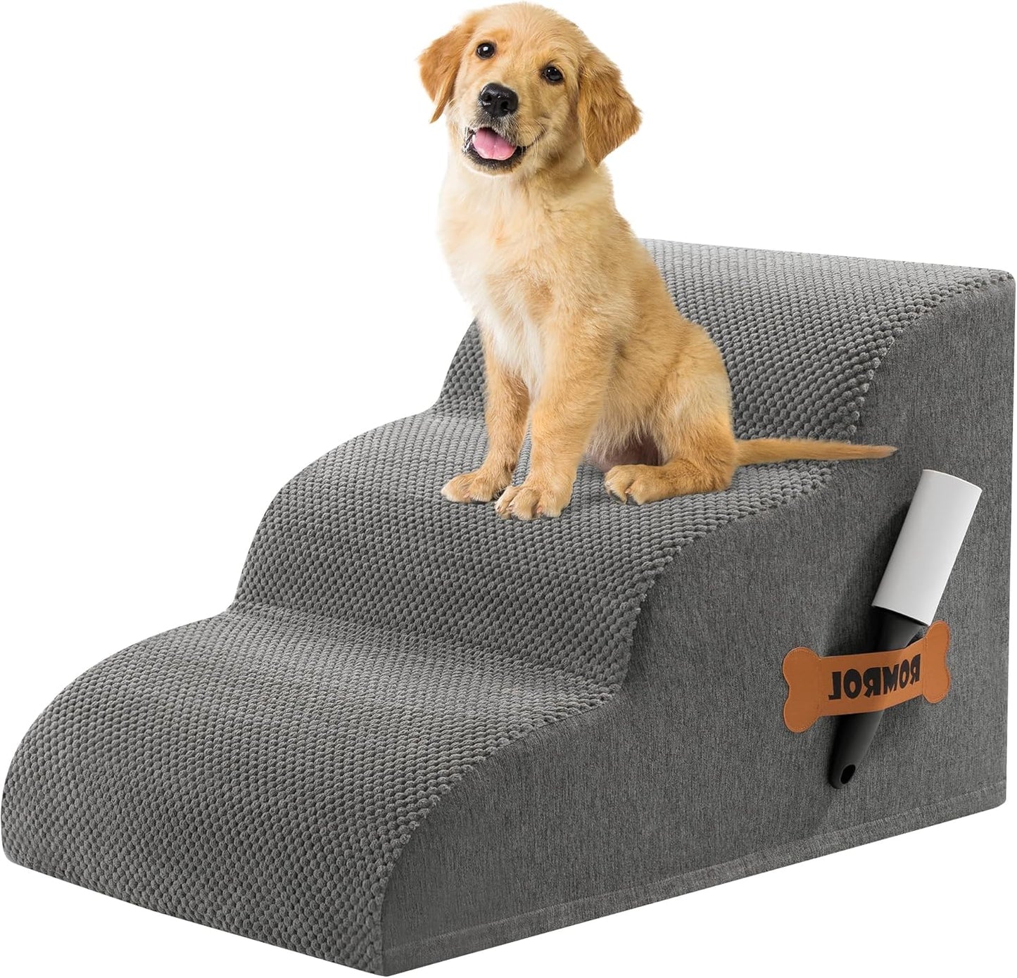 Romrol Dog Stairs Ramp for Beds Couches, 15.7” H 33D Extra Wide Pet Steps with Durable Non-Slip Waterproof Fabric Cover, Dog Slope Stairs for Small Dogs and Cats or Pets Friendly, 3-Tiers, Grey