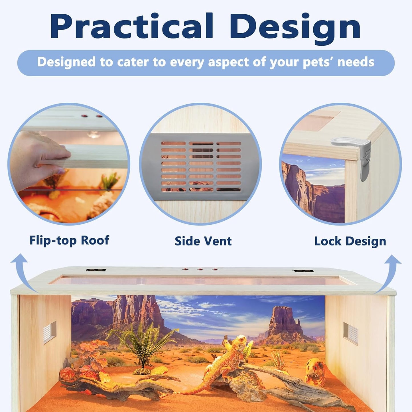 Prolee Reptile Terrarium, Lizard Tank Up to 68 Gallons, Bearded Dragon Tank with Roof Door, Snake Tank with Built-in Lamp Fixture and Switch, with Leg Stand (Oak, 68 Gallons, 48" Length)