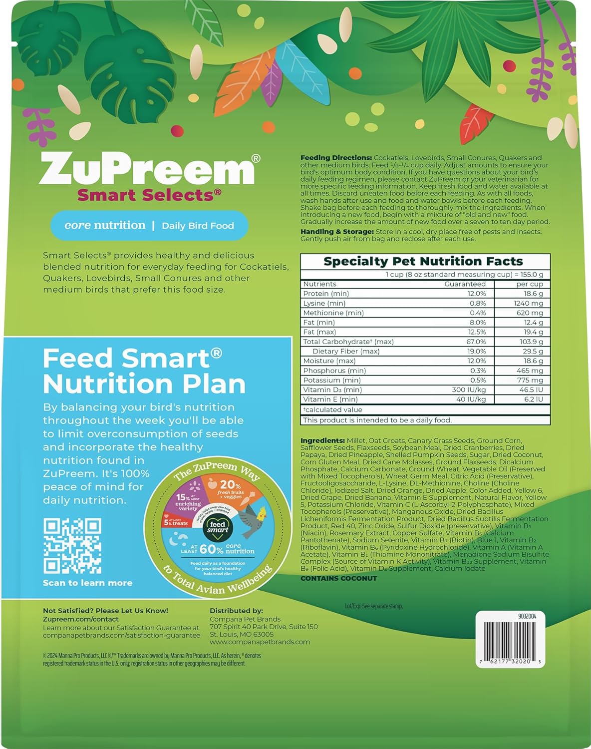 ZuPreem Smart Selects Pellets & Seed Blend, Daily Food for Cockatiel, Lovebird, Quaker, Conure, Lorikeet, Core Nutrition Food for Medium Birds, Essential Vitamins, Conure Feed (M, 2.5 lbs)