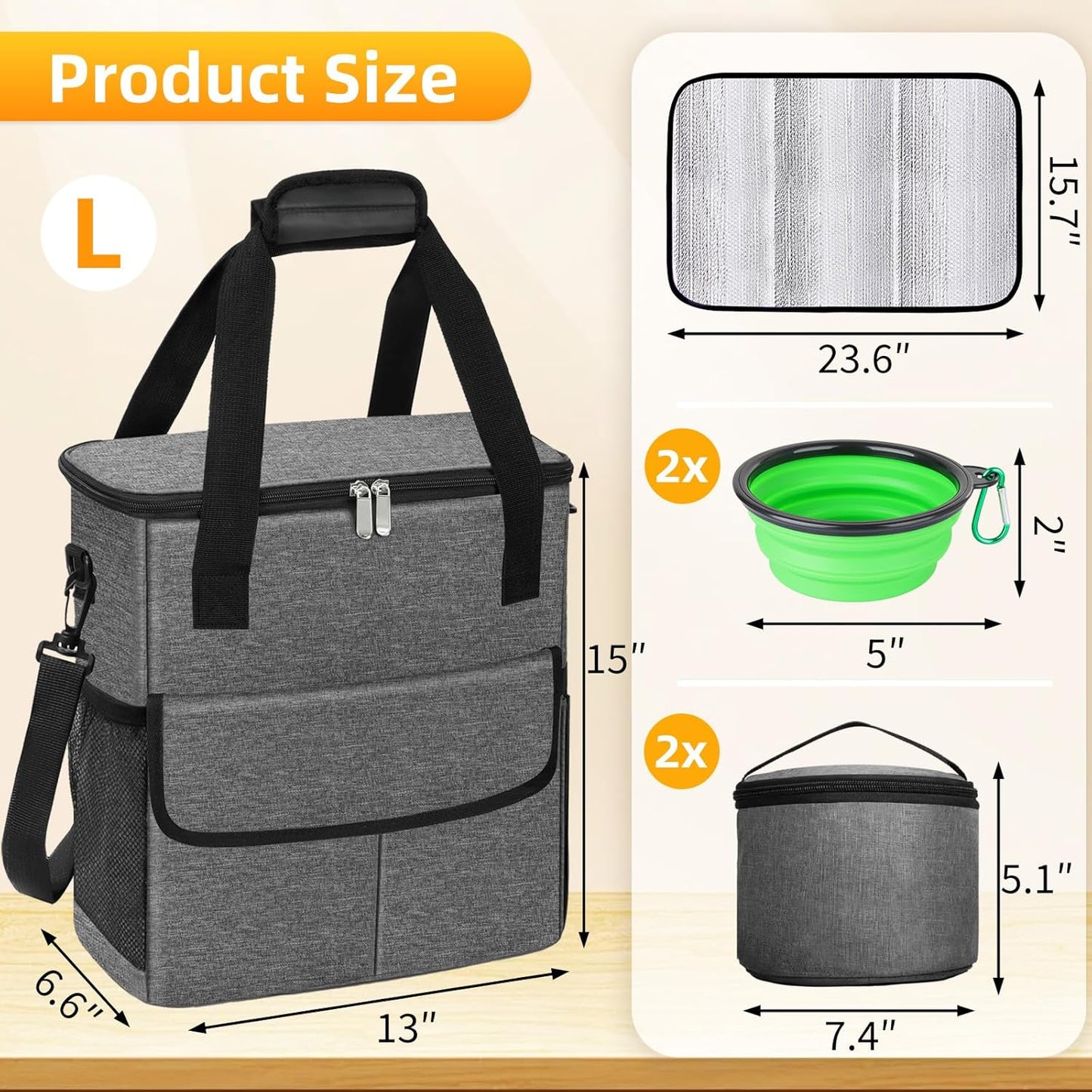 Dog Travel Bag for Camping - Weekend Pet Accessories With 2 Collapsible Bowls, 2 Food Containers, 1 Waterproof Feeding Mat - M, Grey