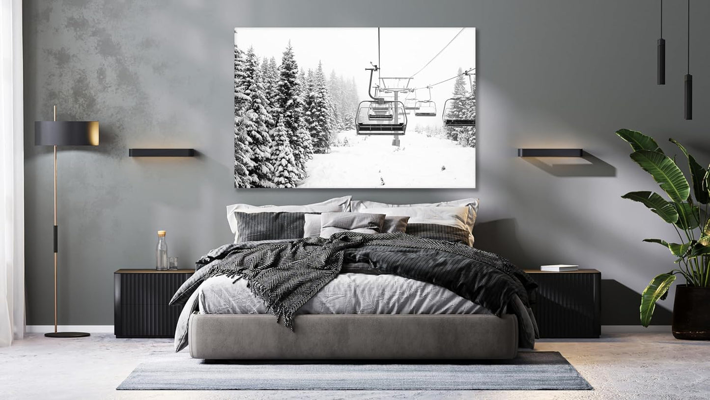 Nature Wall Art Prints - Ocean Forest Mountain Lake Canvas Landscapes - Small to Extra Large Living Room Bedroom Kitchen Bathroom Décor (Ski Lift on Snowy Mountain, 28L" x 41W")