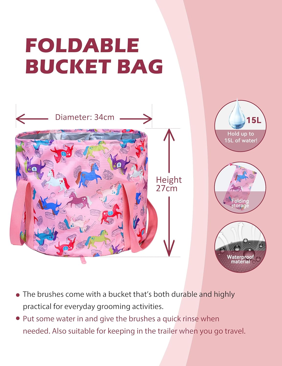 Harrison Howard Horse Grooming Kit 11-Piece Equine Care Series Horse Brush Sets with Organizer Tote Bag Tack Room Supplies Shedding Grooming Massaging Tools Pink Brushstroke Ponies