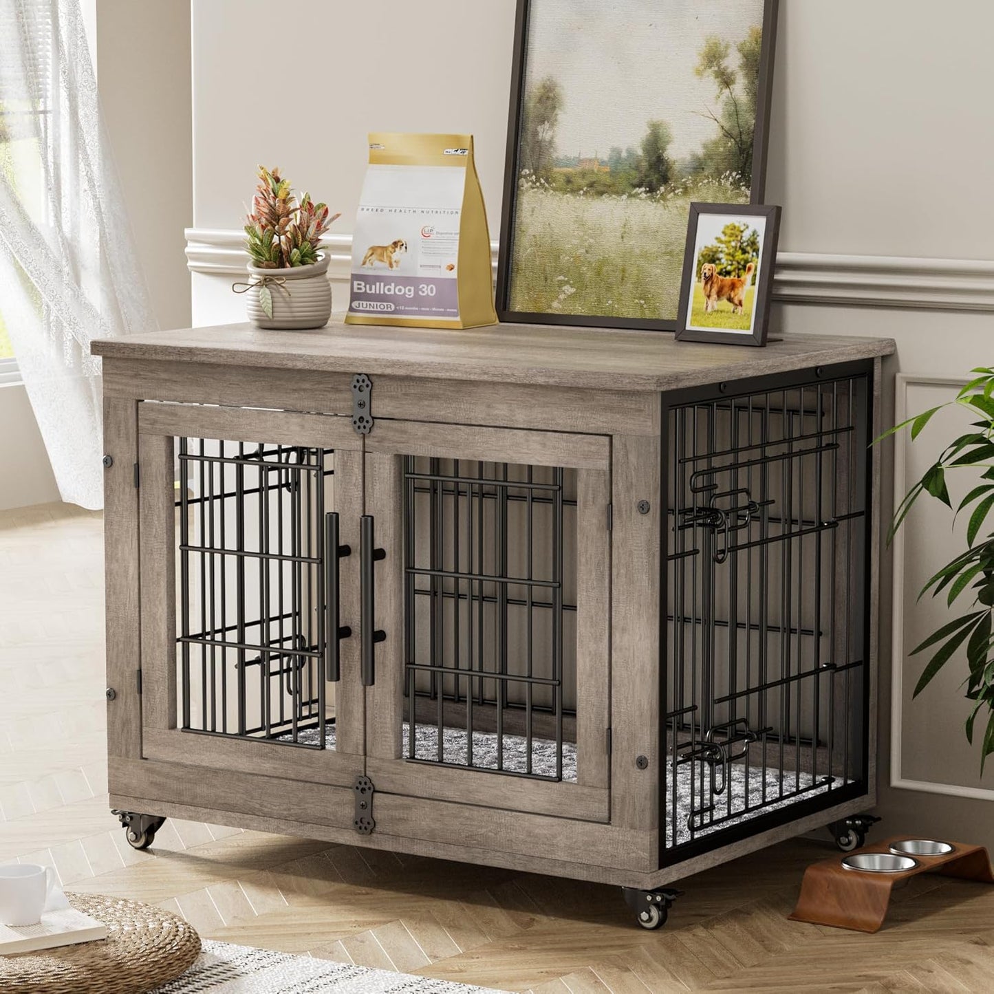 Lulive Dog Crate Furniture for Medium Dogs, 32'' Dog Kennel Indoor with Cushion & Wheels Wooden Dog Cage Double Doors Dog Crate End Table, Grey
