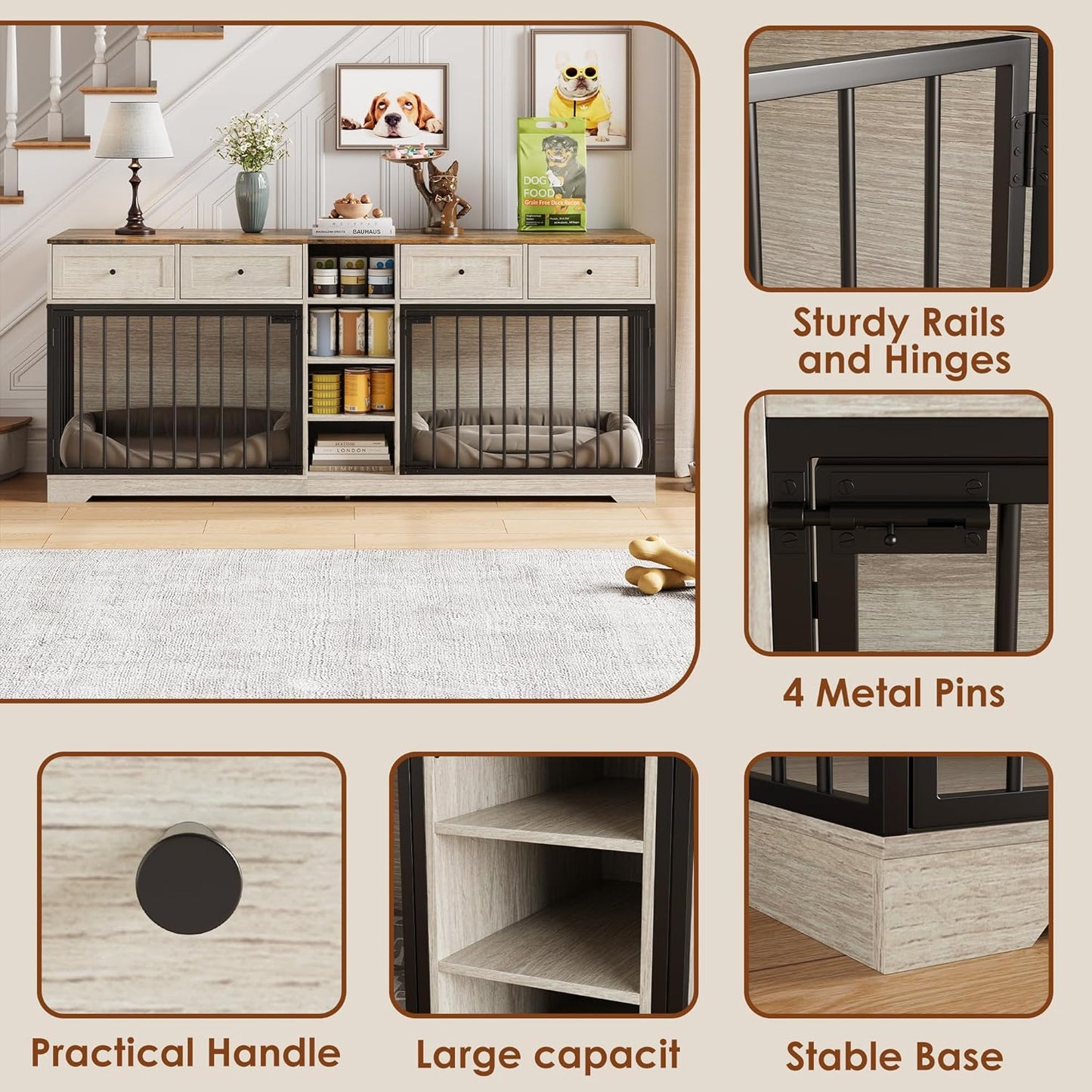 GarveeHome 82" Double Dog Crate Furniture, Large Dog Kennel Indoor for 2 Dogs, Heavy Duty Wooden Dog Crate TV Stand with 4 Drawers and Shelves, Washed White