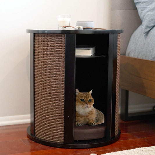THE REFINED FELINE Purrrrfect End Table Cat Bed Cave in Black Espresso, Multipurpose Wood Cat Furniture Nightstand, Easy to Clean Covered Cat Bed with Replaceable Scratching Post & Washable Cushion
