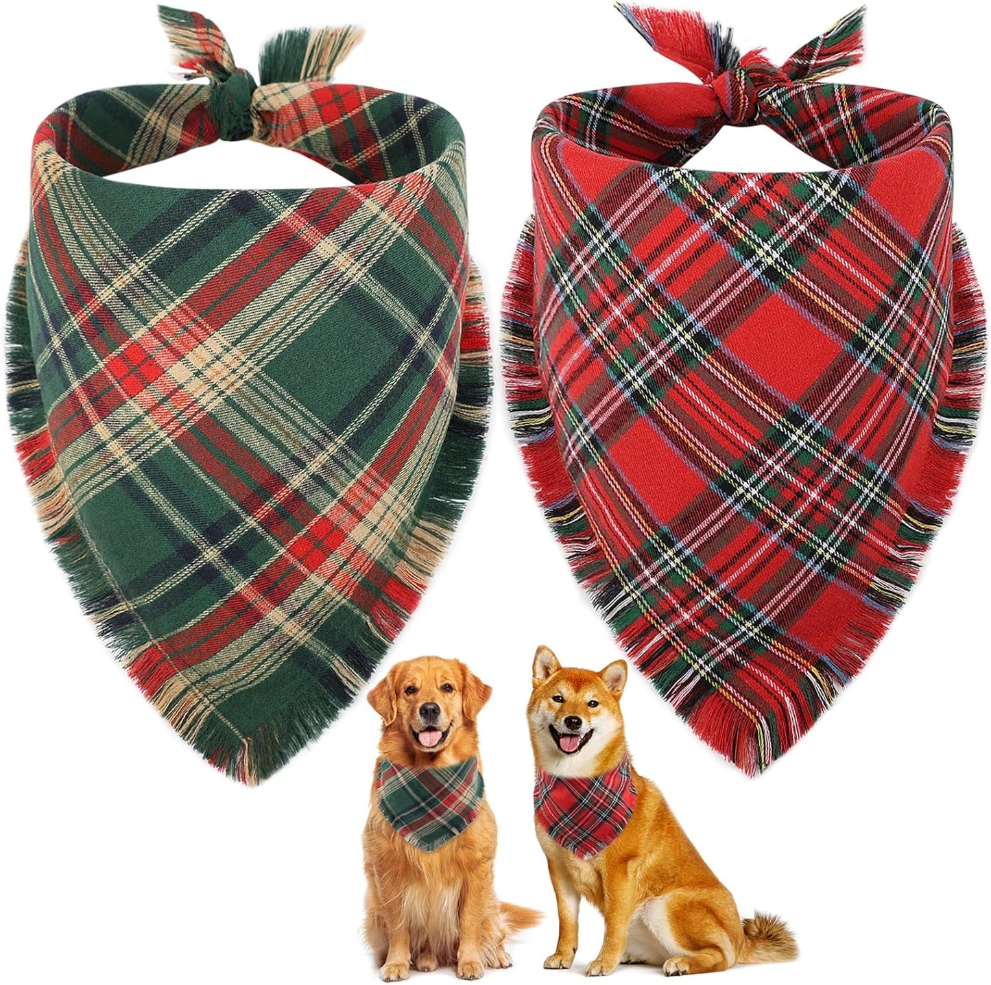 Vivifying Dog Christmas Bandana with Tassels Edges, 2 Pack Classic Plaid Triangle Pet Apparel & Accessories, Funny Holiday Dog Scarf Costume for Photo Prop, and Party Decor (X-Large, Red&Green)