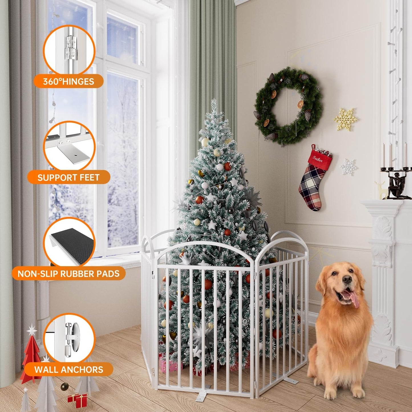 6 Panles Full Matel Freestanding Dog Gates with Door, 144"Extra Wide 32"Tall Free Standing Dog Pet Gate for Indoor & Outdoor. Foldable Pet Fences for Doorways, House, Stairs, Porch, Deck, Yard