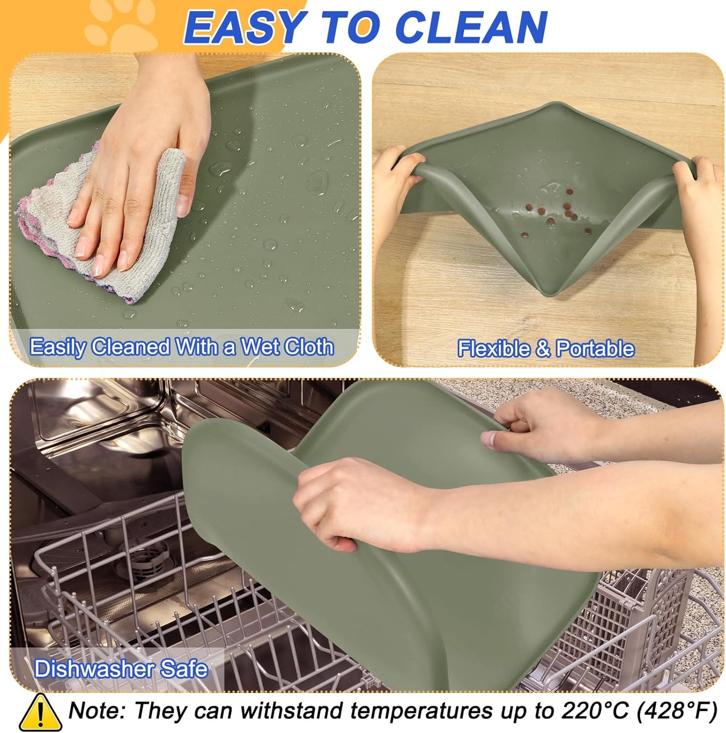 Silicone Pet Feeding Mat with Raised Edge for Food and Water, Dog Bowl Mats, Cat Bowls Placemat with High Lip for Floor Waterproof, Rubber Tray for Cats and Dogs 19 x 12 x0.7 Light Olive Green