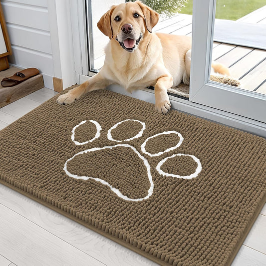 OLANLY Door Mat for Muddy Dog Paws 36x24, Ultra Absorbent Chenille Mud Doormat with Paw Print Design, Non-Slip Washable Doormat for Indoor Entryway, Quick-Dry Pet Bed Mats for Dirty Dogs, Tan