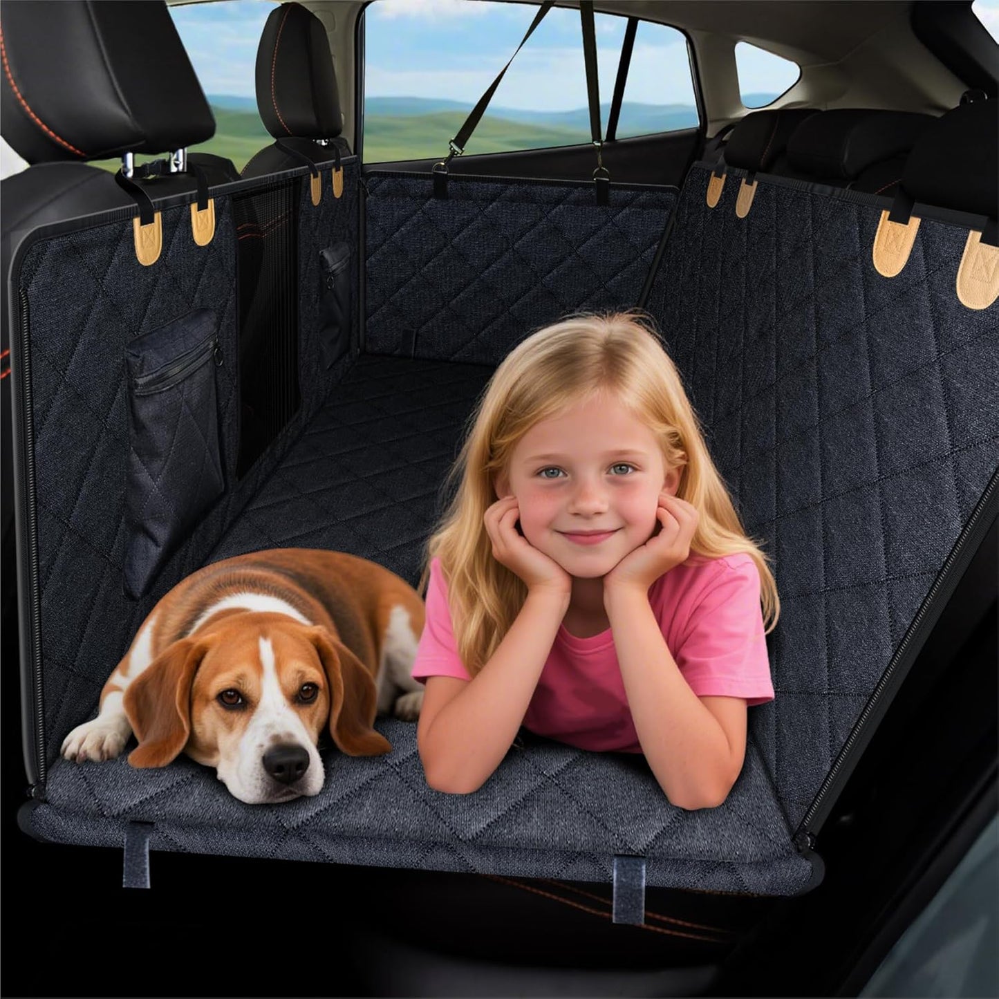 Back Seat Extender for Dog, Waterproof Dog Car Seat Cover for Back Seat, Hard Bottom Car Seat Cover, Large-Space Hammock for Car Truck SUV, Pet Seat Cover Holds 450lbs(Black)