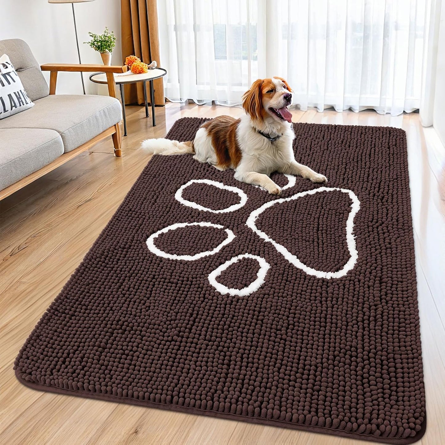 Smiry Dog Door Mat for Muddy Paws, Absorbent Dirt Trapper Non Slip Quick Dry Washable Chenille Mat for Mud Dogs, Entry Rug for Indoor and Outdoor (59x35 Inches, Brown and White)