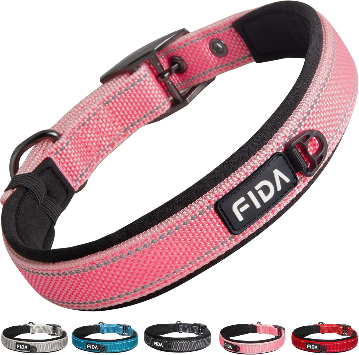 Fida Heavy Duty Dog Collar, Ultra Comfortable Soft Neoprene Padded, Adjustable Reflective Nylon Pet Collar with Durable Metal Belt Buckle for Large Breeds (L, Pink)