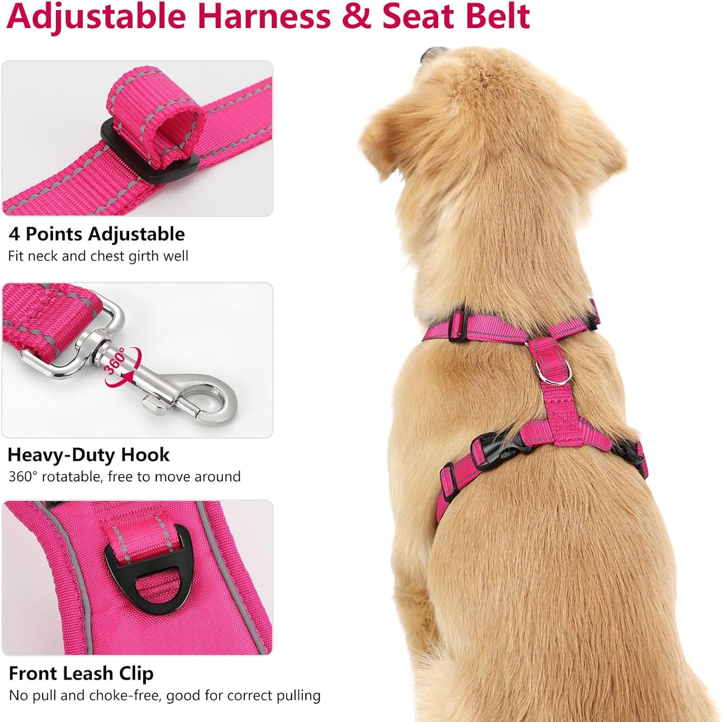 Dog Seat Belt Harness for Car, Dog Car Harness Adjustable Mesh Breathable & Dog Seatbelt Safety Tether with Elastic Bungee for Small Medium Large Pets(Rose, M)