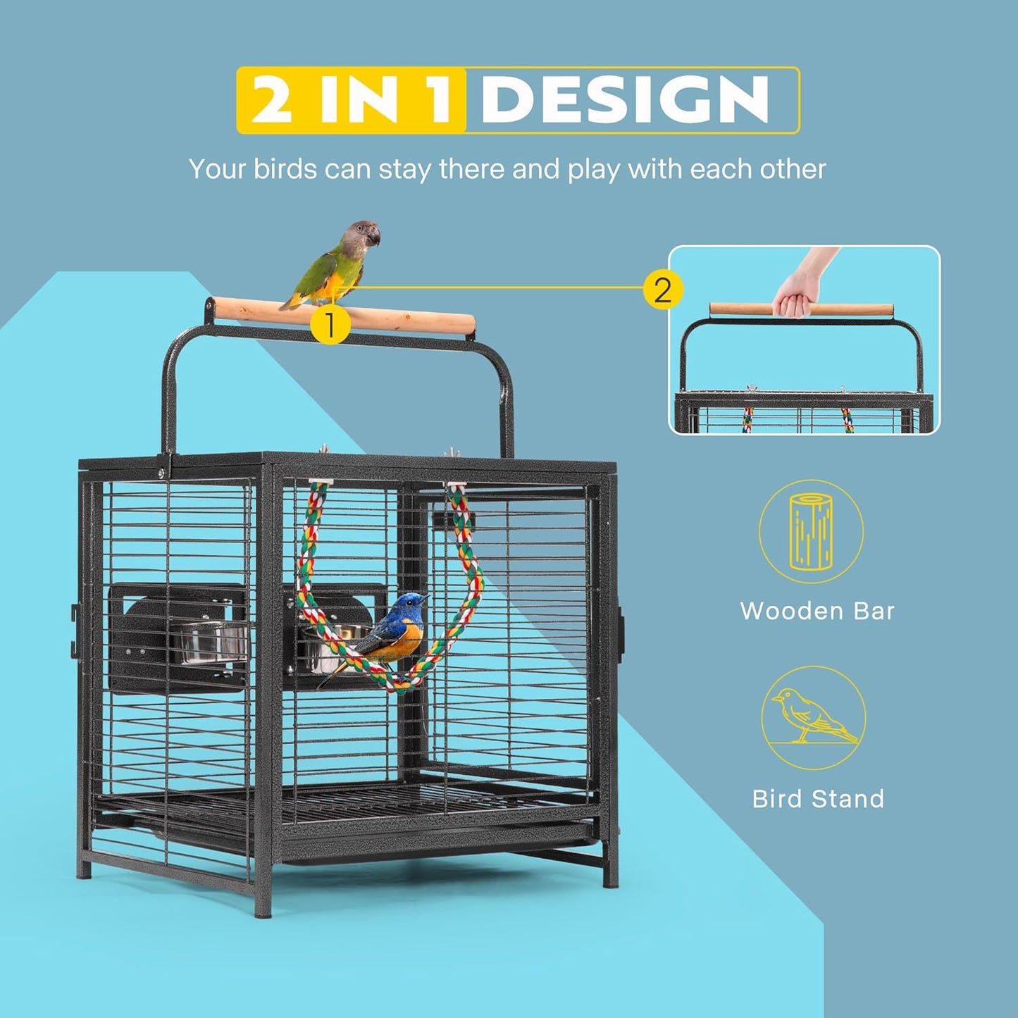 VIVOHOME 19 Inch Wrought Iron Bird Travel Carrier Cage for Parrots Conures Lovebird Cockatiel Parakeets Black