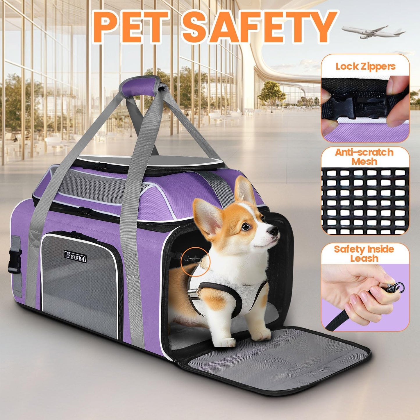 Petskd Top and Side Expandable Pet Carrier 19x13x9 Inches Southwest Allegiant Airlines Approved, Soft-Sided Carrier for Small Dog Under 12 lbs and Large Cat Under 15 lbs(Purple)