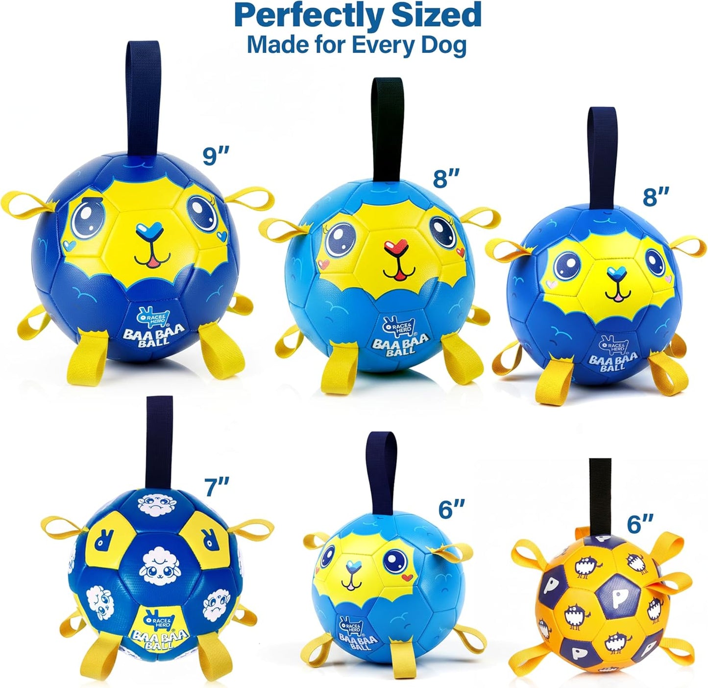 Race&Herd 8" Jolly Soccer Ball for Dogs - Tough Durable Dog Ball Toy with Straps, Pet Bouncy Herding Balls for Dogs, Floating Dog Balls with Tags for Water Fetch (BaaBaaBall, BaaBaa Sheep)