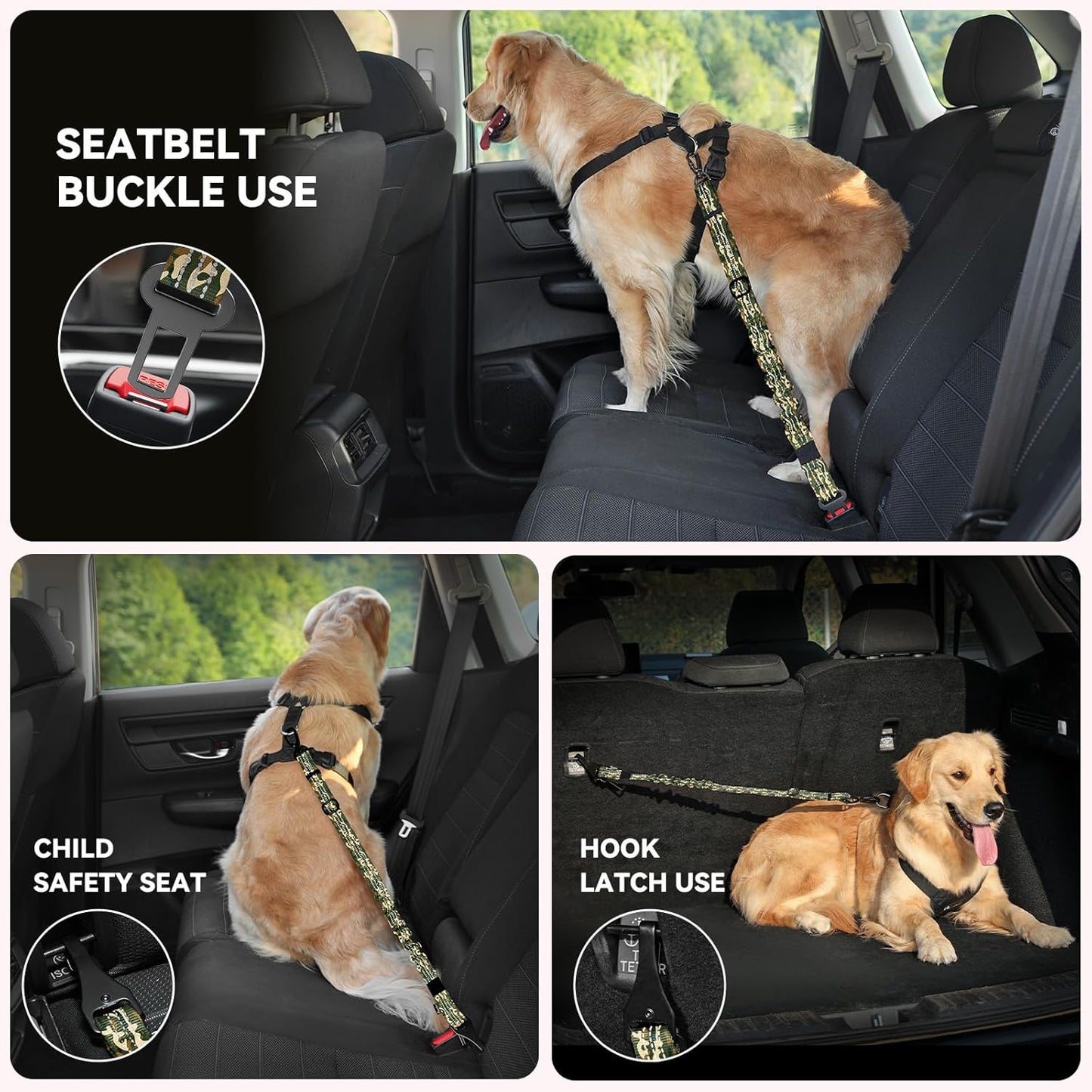 Pawaboo Dog Seatbelt for Car, 3-in-1 Dog Seat Belt Bungee, Shockproof Dogs Tether with Buckle&Hook Latch, Adjustable Reflective Dogs Cars Harness Leash with 360° Lockable Buckle, Army Green Camouflage