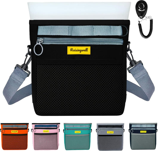 Dog Treat Pouch with Magnetic Closure 4-Cup Silicone Bag Fanny Pack Holder with Clicker 4 Ways to Wear Front Pocket Fits All Phones Ideal for Leash, Pet Walking and Training（Black）