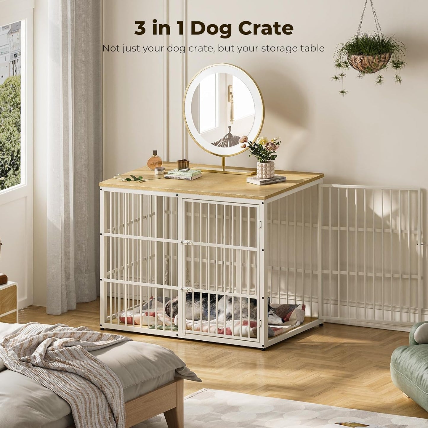 Lyromix 48'' XXL Dog Crate Furniture with 3 Doors,Wooden Crate End Table Heavy Duty Indoor Combination Cage for Medium to Large Dogs, Multiple Units Can be Combined, Natural Beech