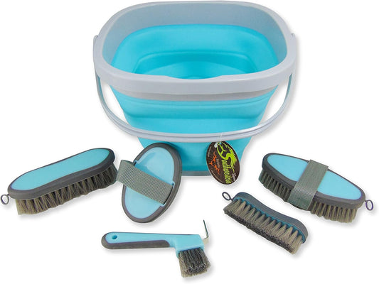 Collapsible Grooming Kit 10 Liter Bucket and 5 Grooming Tools by Southwestern Equine (Turquoise)
