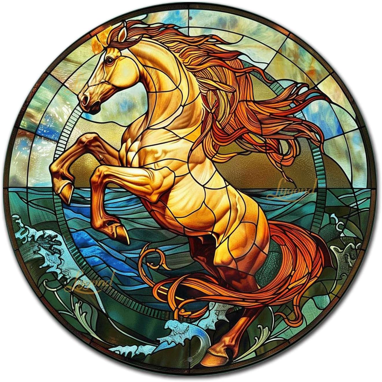 Lygond Metal Sign Tin Sign Circular Stained Glass Horse Boho Office Decor For Yard 8×8 Inches