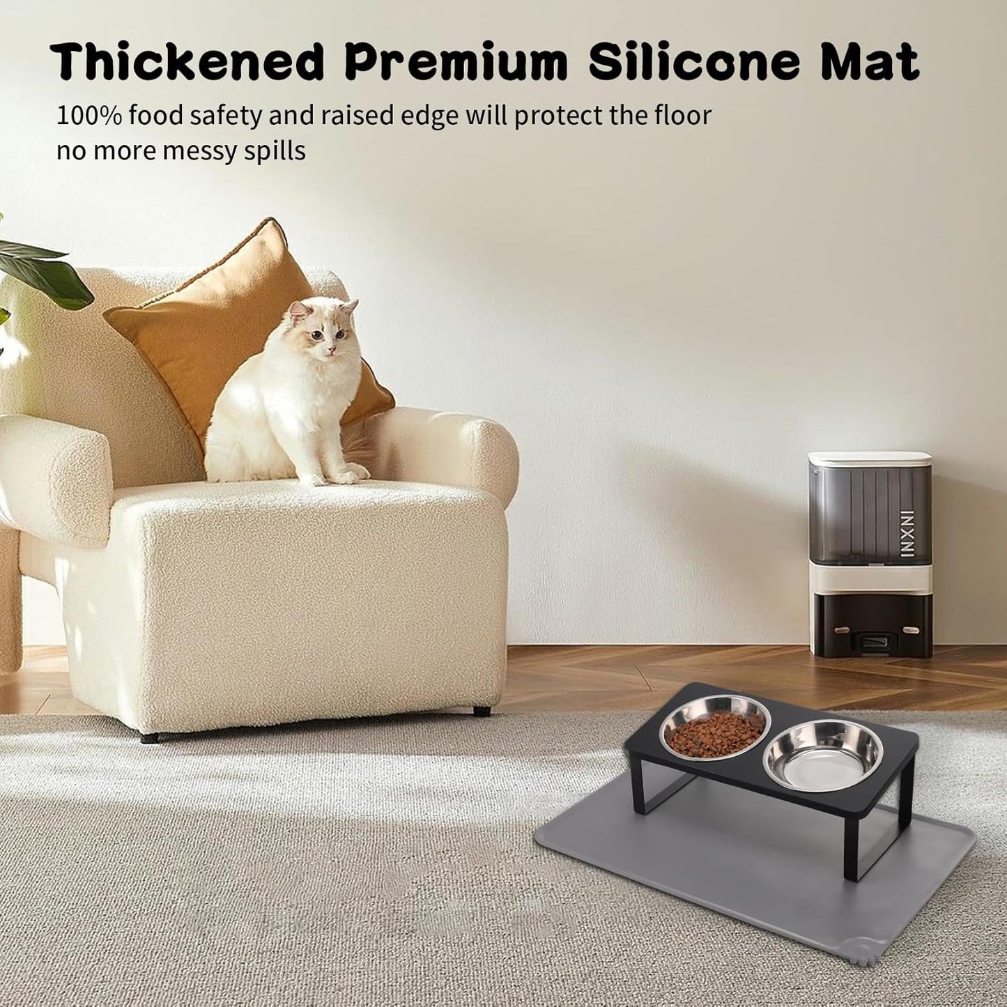 Upgraded Elevated Cat Bowls with Food Mat,15°Tilted Stand Anti Vomiting Raised Cat Dishes for Food and Water,2 Stainless Steel Bowls for Cats and Puppy（Black）