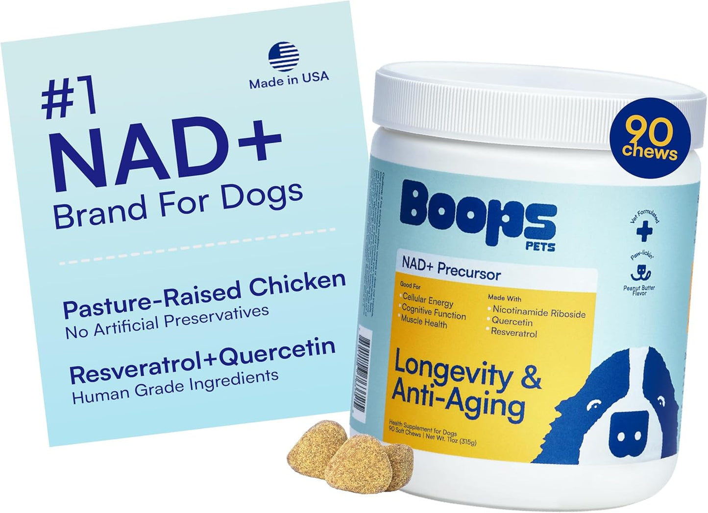NAD+ Precursor & Senior Dog Supplement - 90 Soft Chews & Vitamins - NMN Alternative for Longevity, Anti-Aging & Energy - Nicotinamide Riboside, Resveratrol, Quercetin, Made with Pasture-Raised Chicken