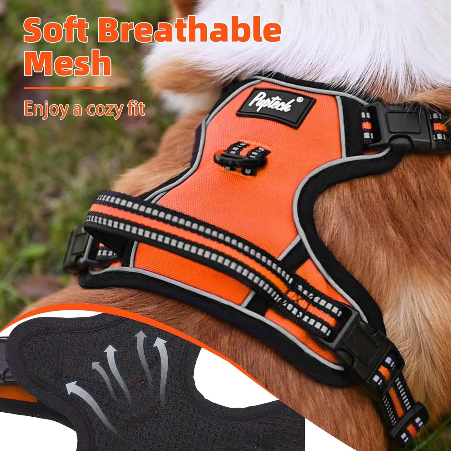 PUPTECK No Pull Dog Harness for Large, Adjustable Reflective Dog Harness with Handle Easy Control, Comfortable Soft Padded Pet Vest Harness for Large Dogs, Orange L