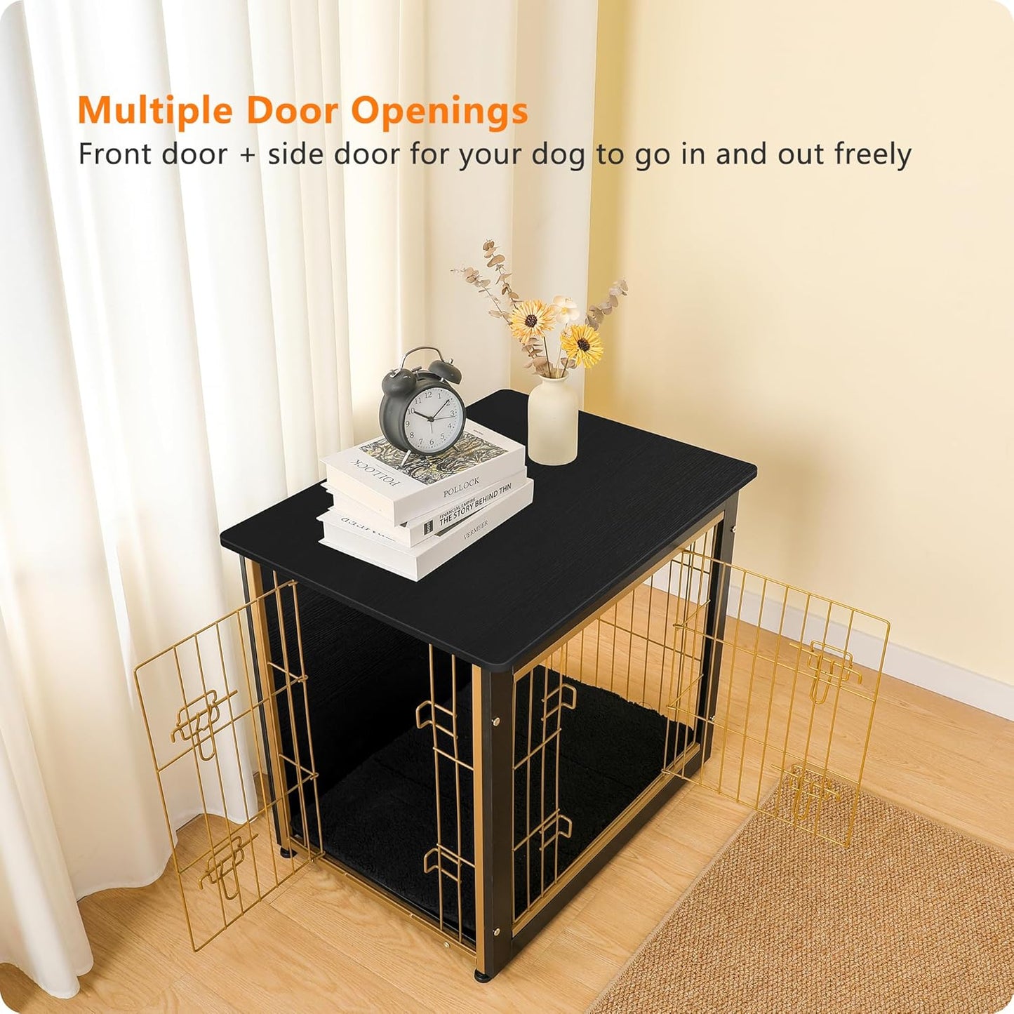 DWANTON Dog Crate Furniture with Cushion, Wooden Kennel Table with Double Doors, Indoor Dog House, Small/Medium/Large Size, 27.2" L, Black+Gold
