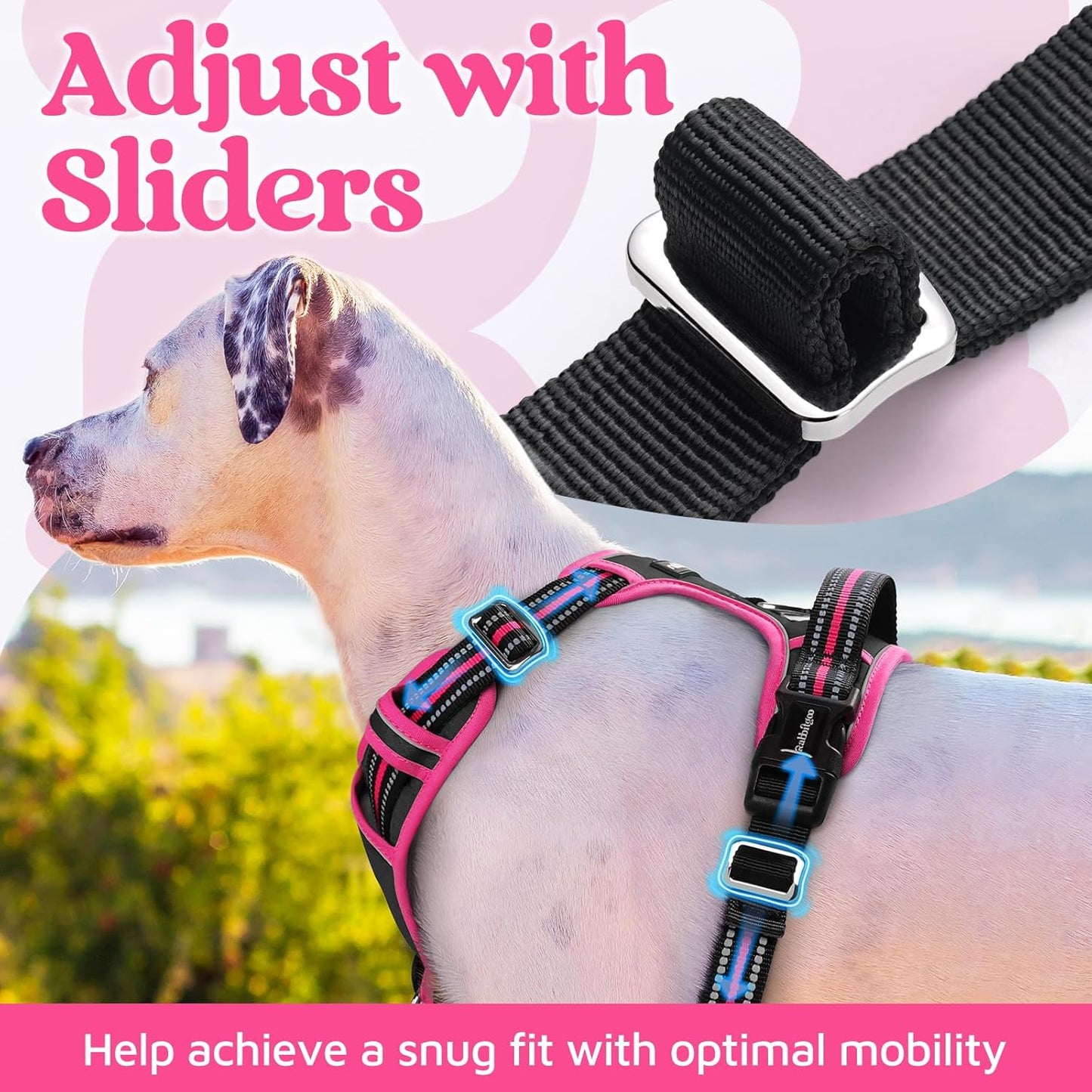 rabbitgoo Dog Harness Medium Sized, No Pull Dog Vest with 3 Buckles, Adjustable Soft Padded Pet Harness with Easy Control Handle and Reflective Strips, Black & Rose Pink, M