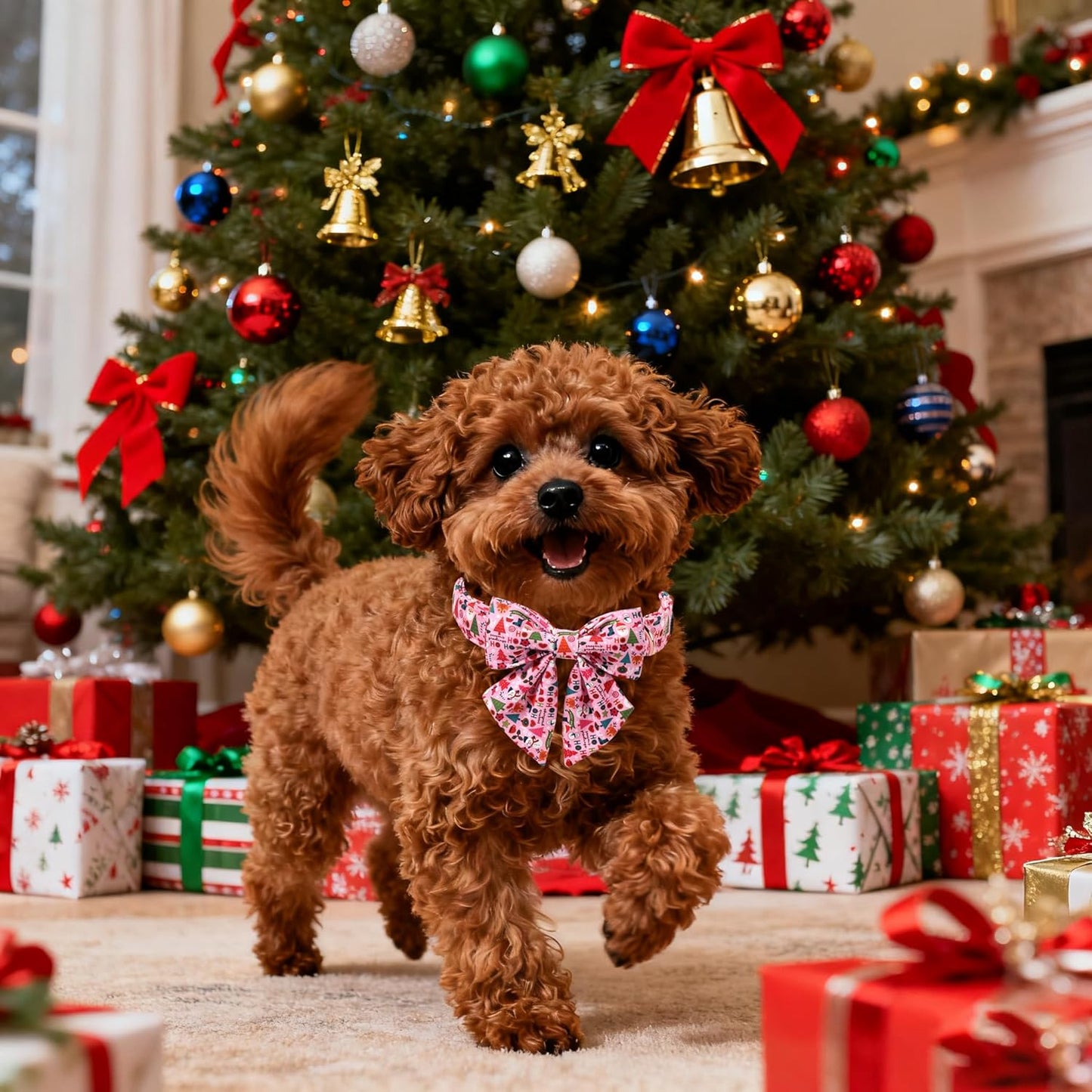 Lionet Paws Christmas Dog Collar with Sailor Bow, Cute Ho Christmas Tree Snowman Pink Dog Collar Bow Tie for X-Large Dogs, Neck 16-26 inches