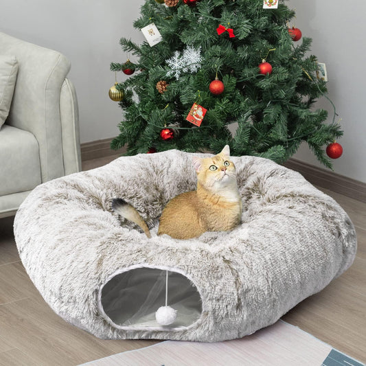 AUOON Cat Tunnel Bed - Cat Donut Tunnel with Soft Plush Circle Cushion for Indoor Cats Kitten Kitty Puppy Rabbit Ferret (Khaki)