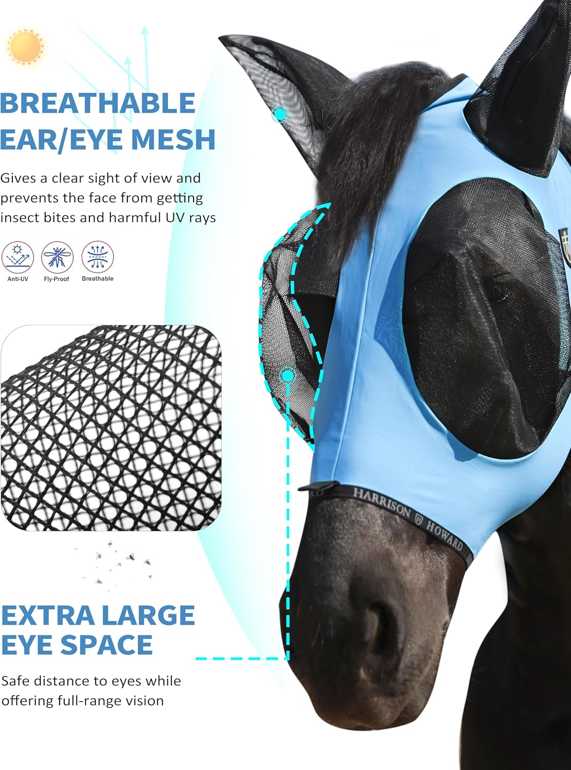 Harrison Howard Horse Fly Mask with Forelock Opening Stretch Breathable and Comfortable for Horses UV -Protection Ice Blue L