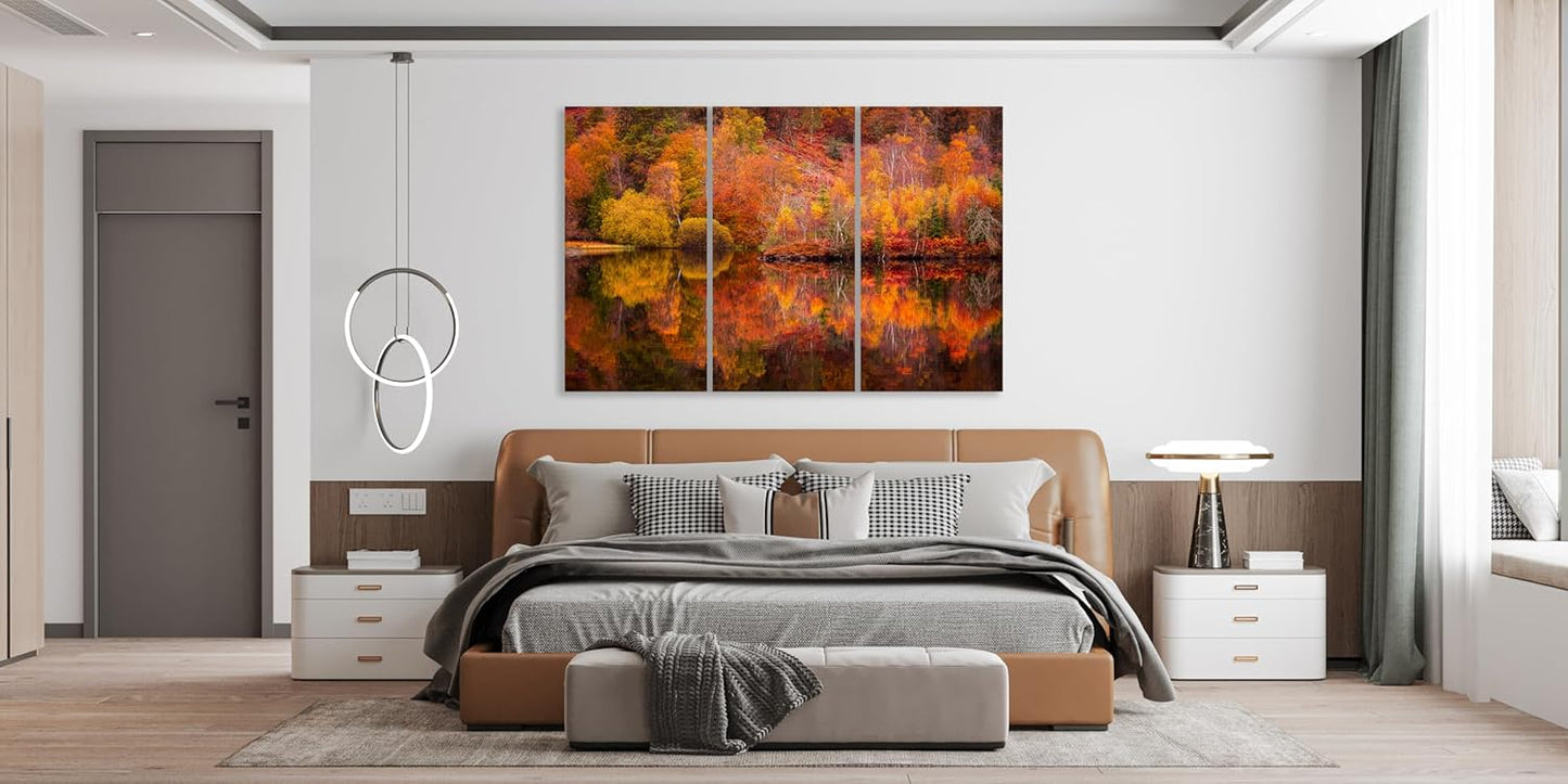 Nature Wall Art Prints - Ocean Forest Mountain Lake Canvas Landscapes - Small to Extra Large Living Room Bedroom Kitchen Bathroom Décor (Autumn Forest with Lake, 35L" x 53W" - 3 Panels)