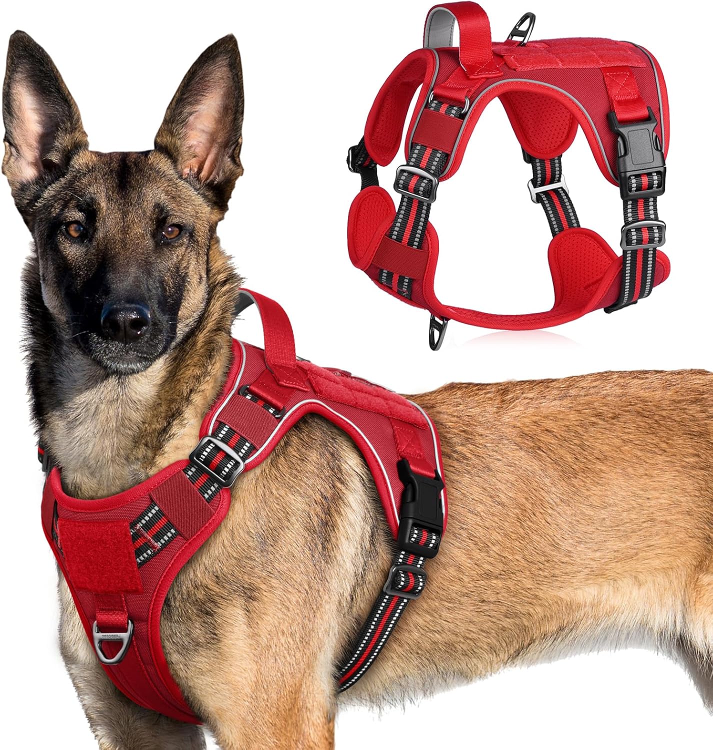 rabbitgoo Tactical Dog Harness for Large Dogs, No Pull Military Service Vest with Handle & Molle, Easy Control for Training Walking, Adjustable Reflective Straps, Red, XL