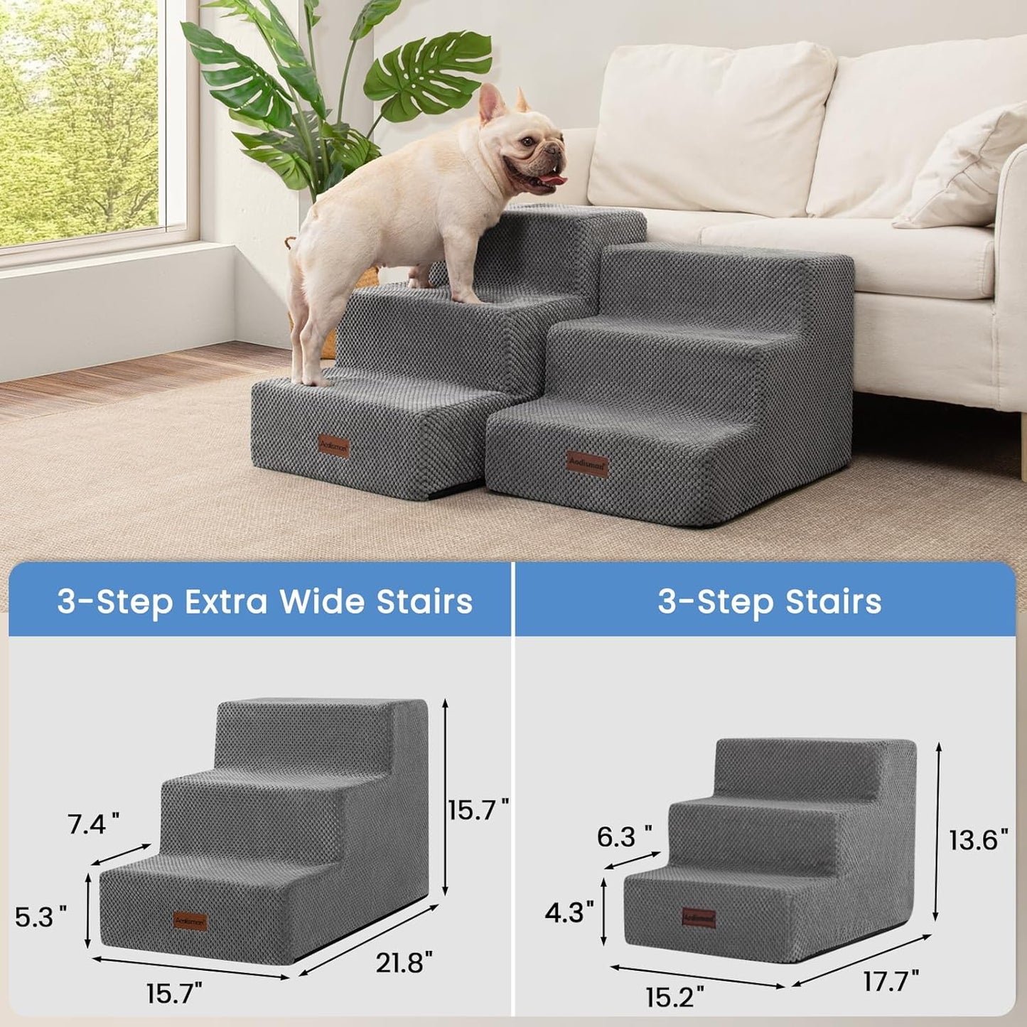 Dog Stairs for Small Dogs & Cats,3-Step Extra Wide Non-Slip Pet Steps for Couch Sofa and Chair,Grey,15.7" H