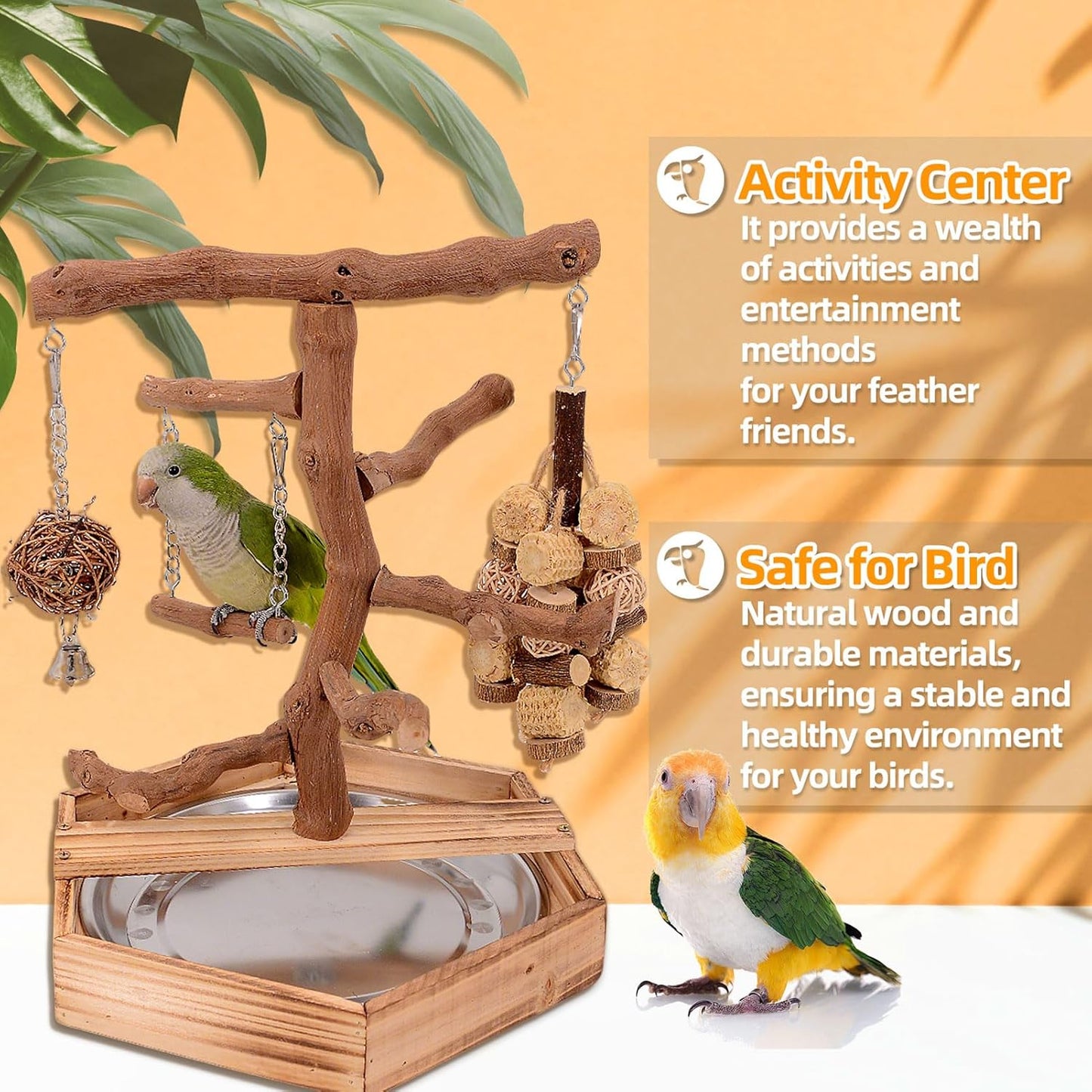 Natural Grape Wood Bird Parakeet Playground - Perch Stand for Parakeets, Cockatiels, and Small Birds Toys