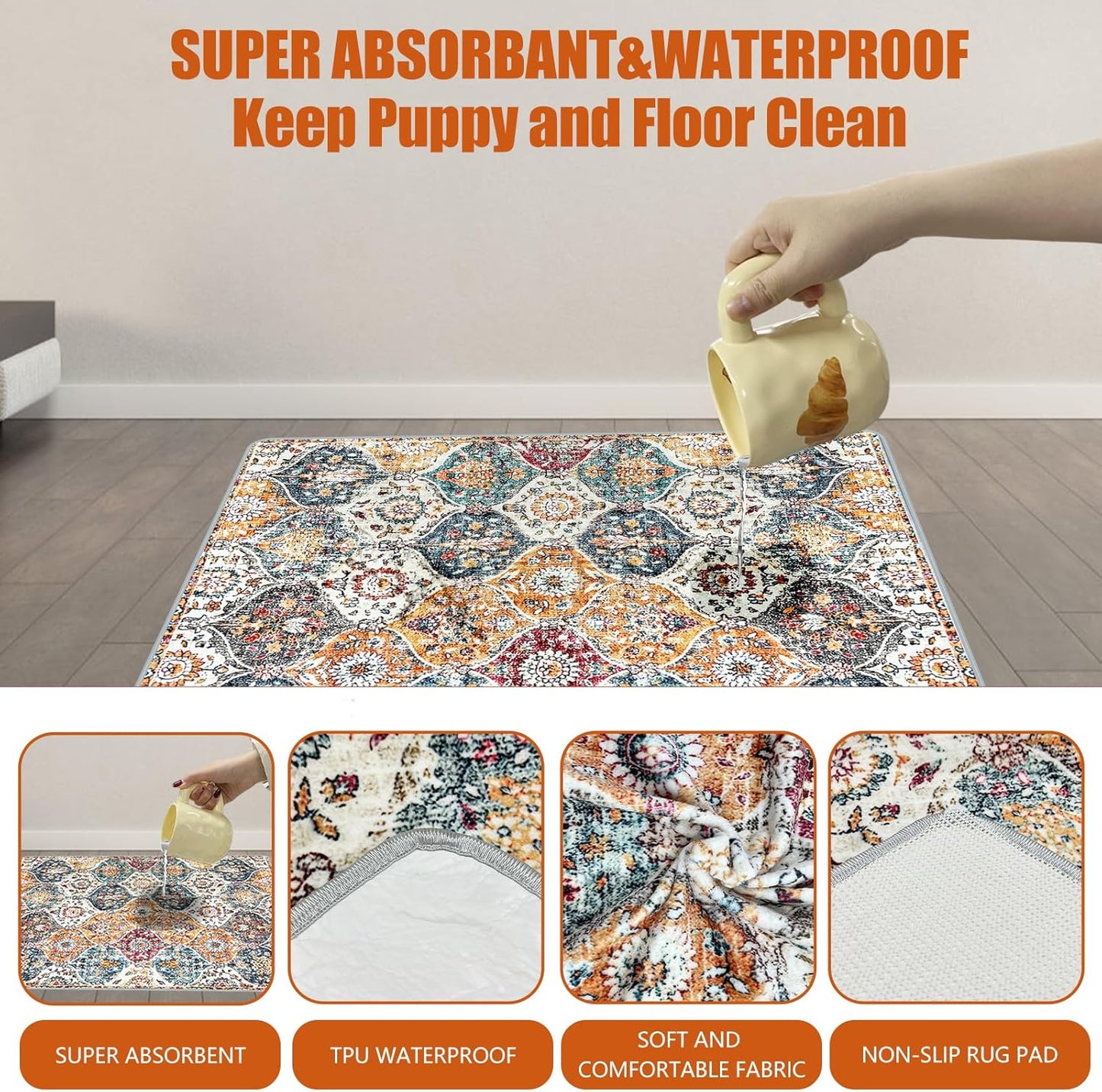 Washable Pee Pads for Dogs, (2 Pack, 36"x42") Upgrade Reusable Puppy Pads with Non-Slip Rug Pad, Super Thickening Absorbent Leakproof Dog Traning Pads Whelping Pad for Dogs, Doggie(Orange)