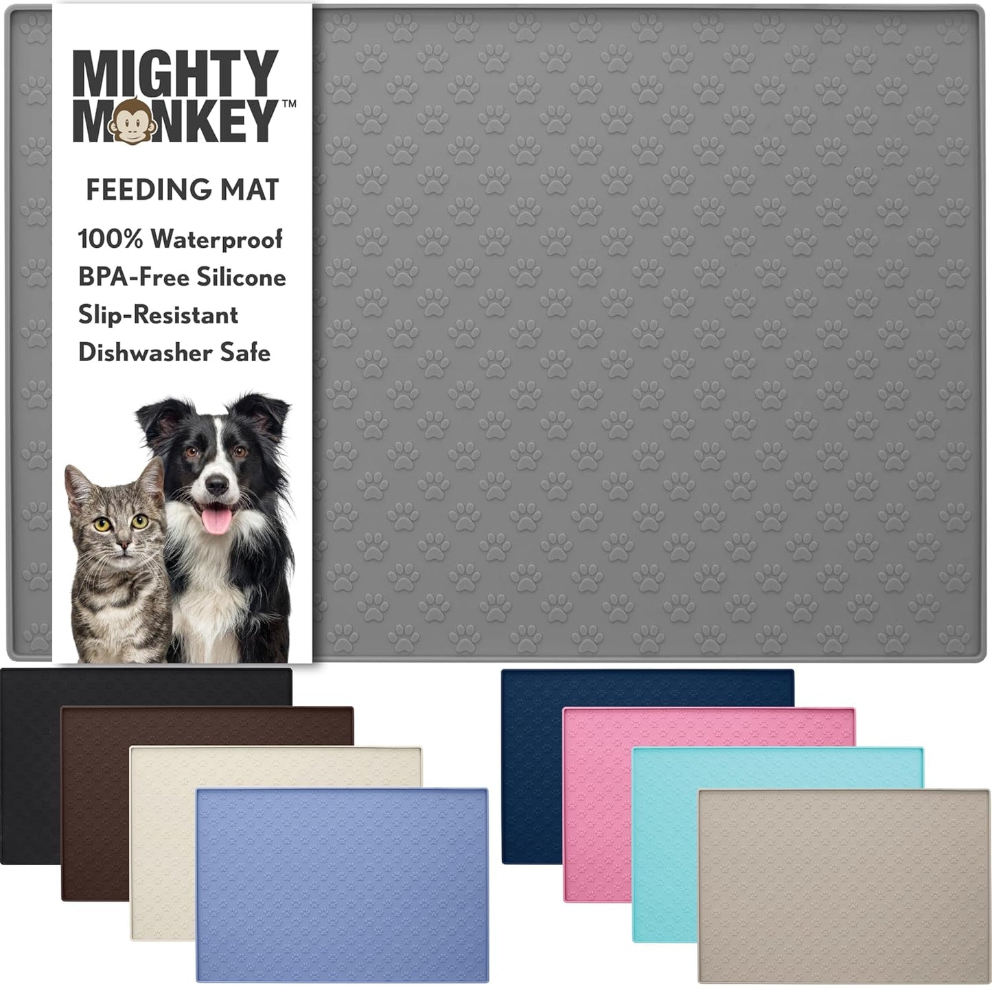 MIGHTY MONKEY 100% Waterproof Dog Food Mat, Raised Edges Silicone Pet Feeding Placemat for Cat, Dogs, Pet Bowls, High Lipped Tray Prevents Water Spills, Food on Floor, Dishwasher Safe, 24x16, Gray