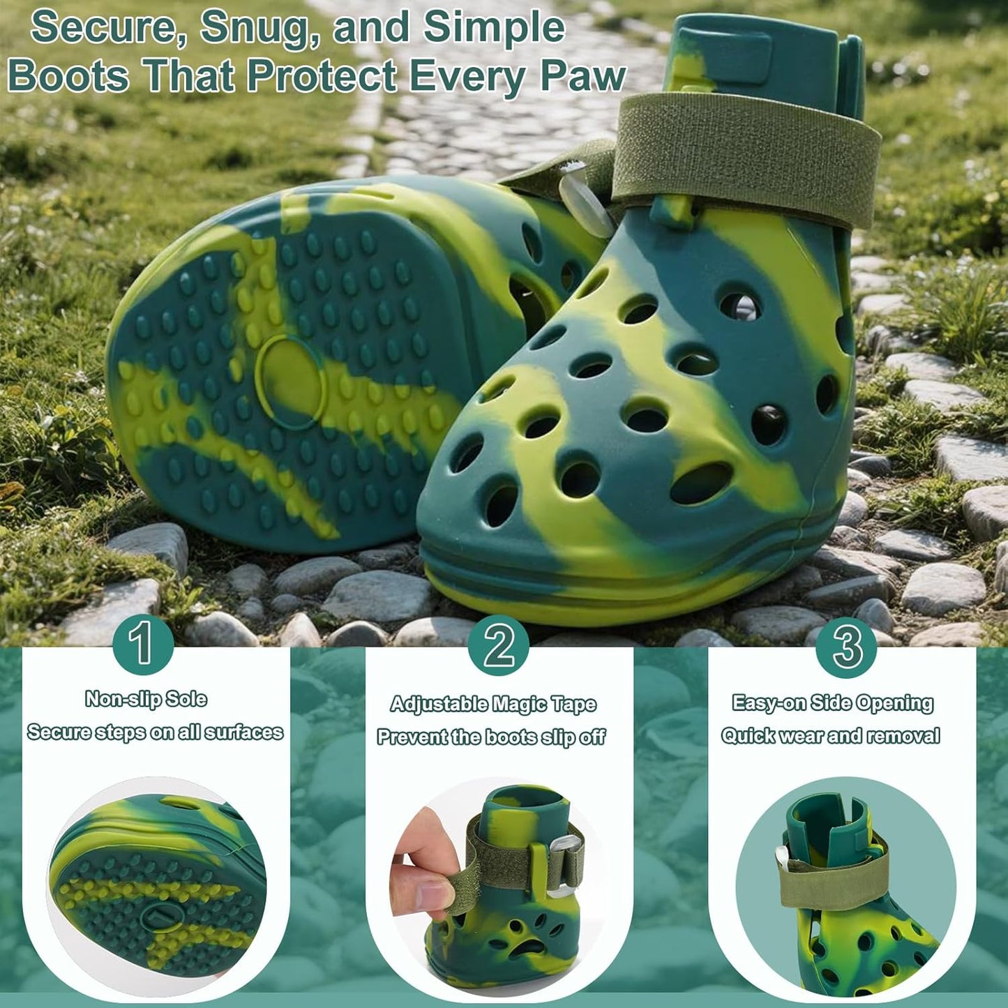 Dog Shoes for Hot Pavement and Snow, Silicone Dog Booties for Small Medium Large Dogs, Waterproof Paw Protectors- Non-Slip, Adjustable Straps, Dog Boots for Beach/Rain/Hiking (Green, S)