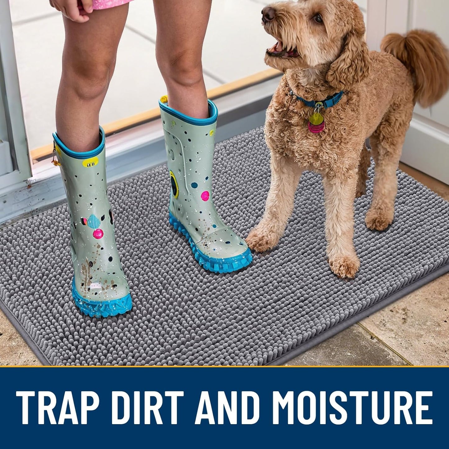 Smiry Dog Door Mat for Muddy Paws 47x17, Absorbs Moisture and Dirt Doormat, Non-Slip Washable Quick Dry Chenille Front Door Mat Indoor Entrance, Entryway Carpet for Inside Floor, Grey